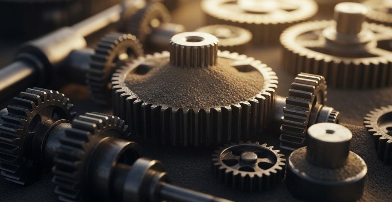Illustration symbolique d’une machine d’entreprise ralentit par des grains de sable représentant dette technique et organisationnelle