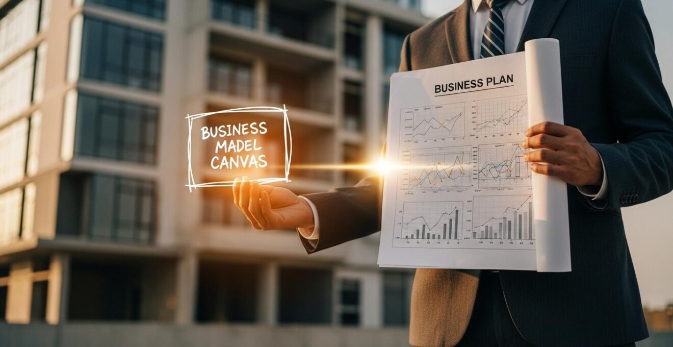 Illustration symbolique d'un architecte tenant une esquisse (Business Model Canvas) d'un côté et un plan de construction détaillé (Business Plan) de l'autre, devant un bâtiment en construction.
