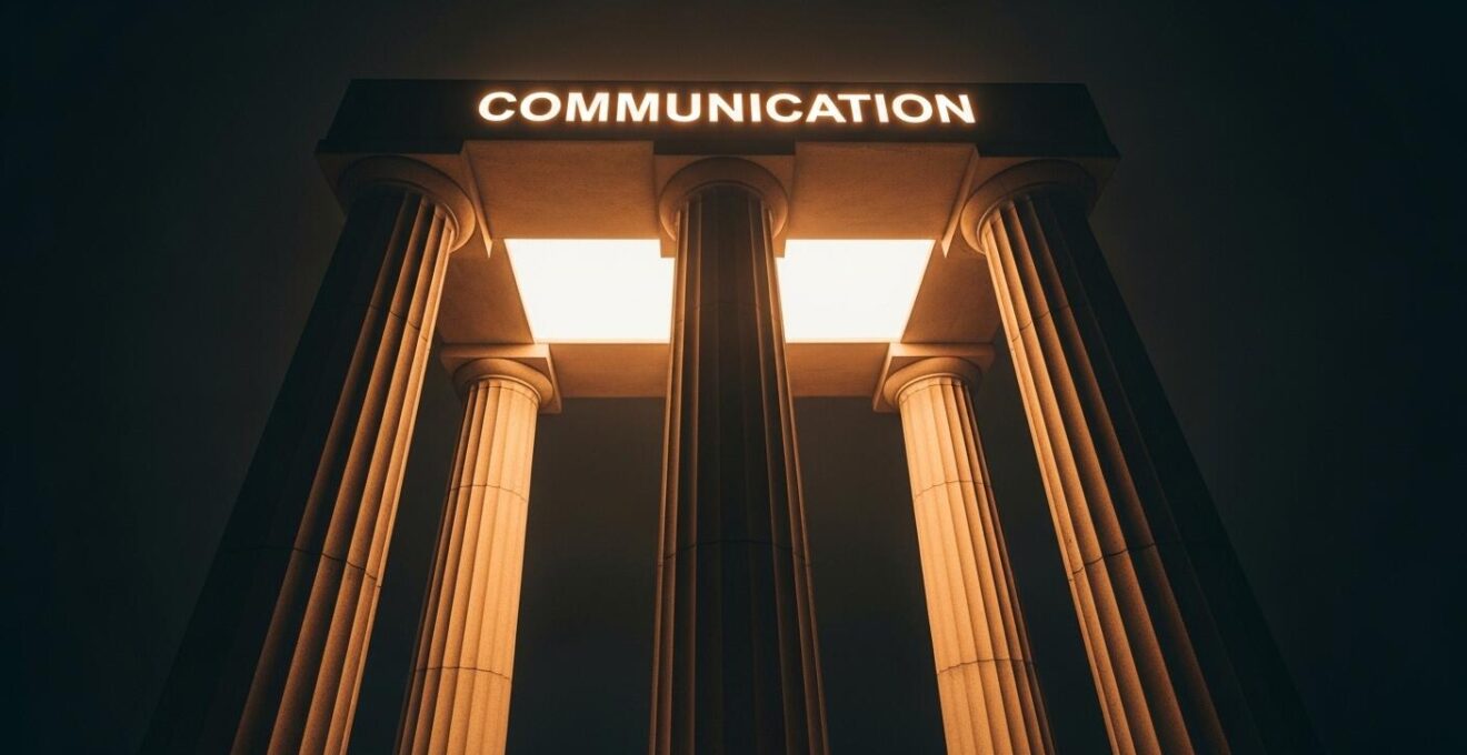 Illustration symbolique des trois piliers mission, vision et valeurs soutenant une communication cohérente dans une entreprise