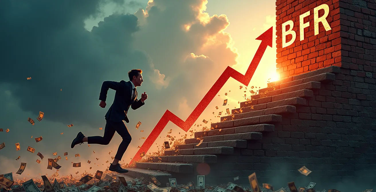 Illustration symbolique d'une entreprise confrontée au 'mur de la trésorerie' lors d'une forte croissance, montrant l'effet du besoin en fonds de roulement.