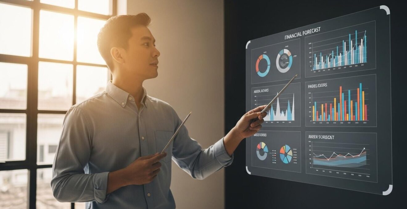Un entrepreneur expliquant son prévisionnel financier avec graphiques et tableaux sur un écran digital
