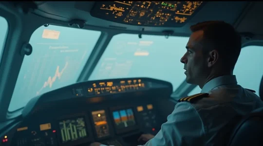 Illustration symbolique d'un pilote d'avion volant dans le brouillard avec des indicateurs flous en arrière-plan représentant les KPI, illustrant le risque de piloter une entreprise à l'aveugle