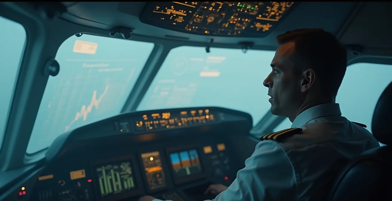 Illustration symbolique d'un pilote d'avion volant dans le brouillard avec des indicateurs flous en arrière-plan représentant les KPI, illustrant le risque de piloter une entreprise à l'aveugle