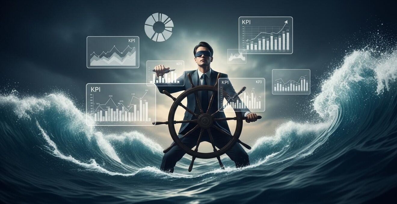 Illustration symbolique d'un dirigeant d'entreprise pilotant un bateau à l'aveugle dans une tempête, entouré de graphiques et indicateurs KPIs
