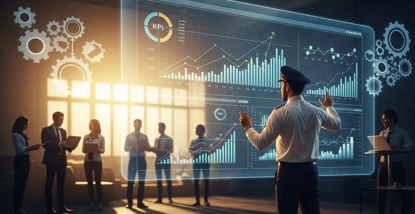 Un entrepreneur debout devant une grande tableau de bord digital avec des graphiques de croissance, orchestrant une équipe dynamique de start-up avec des engrenages et des flèches symbolisant la croissance organisée.