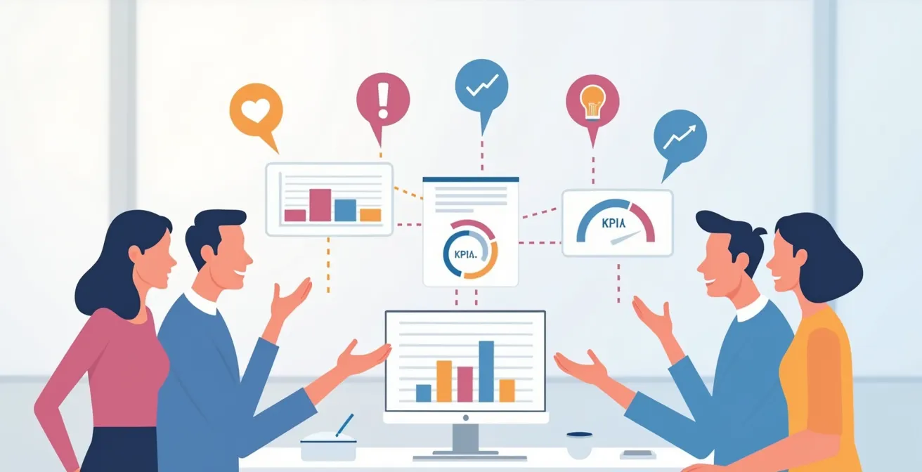 Visuel symbolique montrant des clients exprimant leurs plaintes avec des flèches et graphiques convertissant ces retours en indicateurs de performance