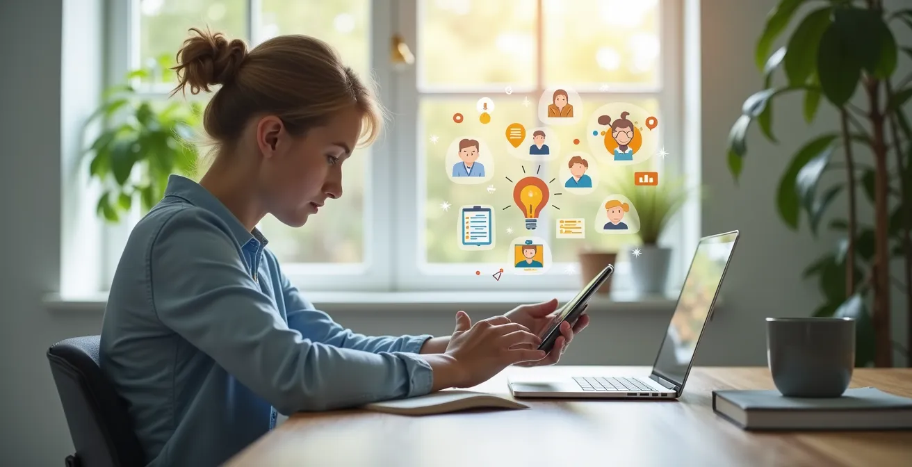 Personne en train d’étudier sur différents supports numériques, entourée d’icônes représentant des compétences diverses et de notifications de formation