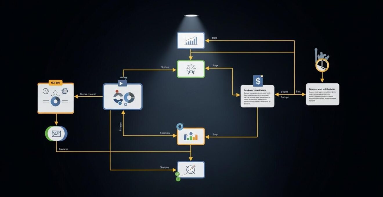 Diagramme coloré illustrant la cartographie des processus internes d'une start-up en croissance, avec des points de friction marqués en rouge et solutions en vert.