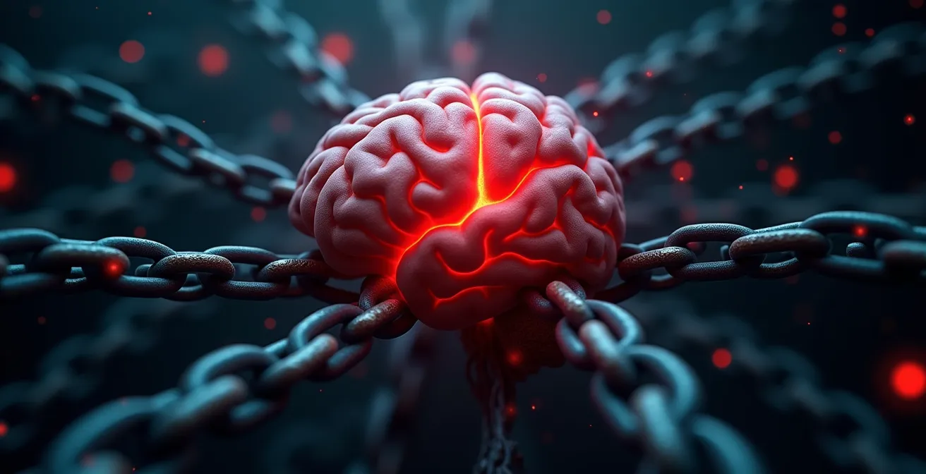 Image conceptuelle illustrant le cerveau humain avec une amygdale rouge symbolisant une réaction de peur qui bloque l'action