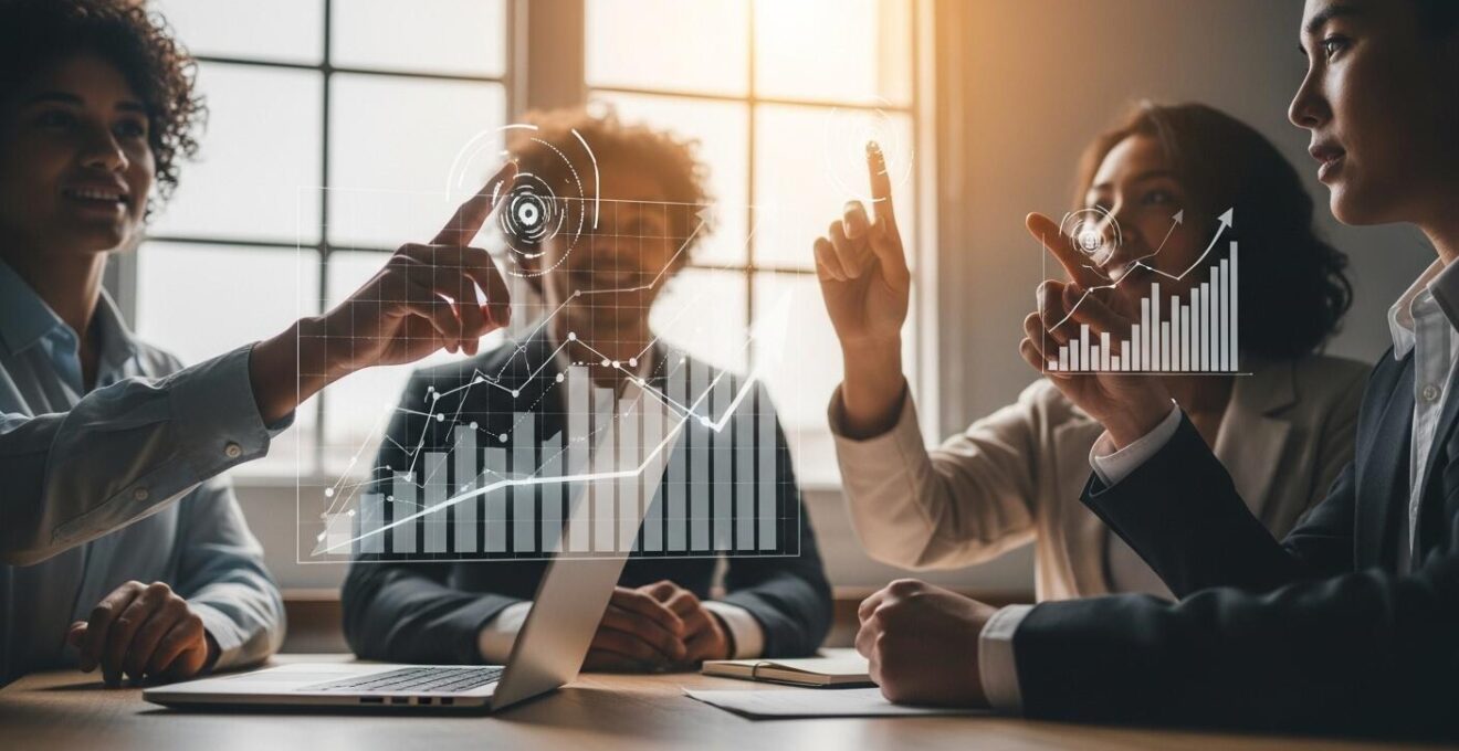 Illustration symbolique de la relance de la croissance d'une entreprise avec des graphiques financiers et des flèches ascendantes