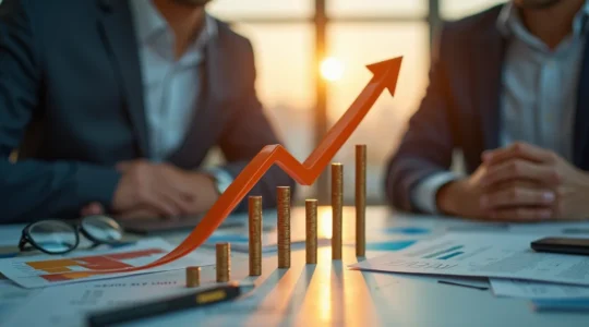 Illustration symbolique représentant un graphique de croissance avec une flèche ascendante dynamique et des éléments relatifs au business et à la stratégie commerciale