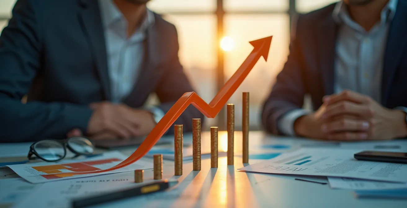 Illustration symbolique représentant un graphique de croissance avec une flèche ascendante dynamique et des éléments relatifs au business et à la stratégie commerciale