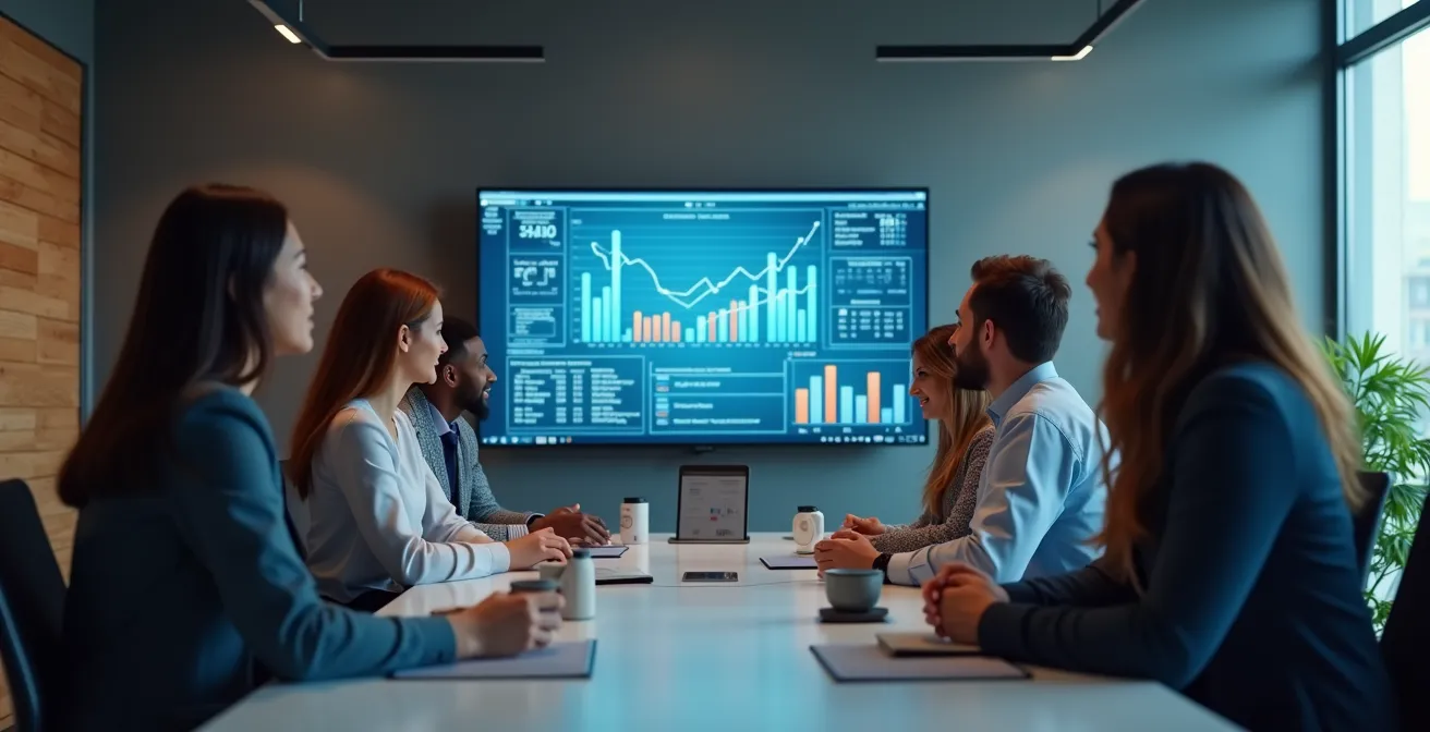 Illustration d’une réunion d'équipe où les membres collaborent autour d'un grand écran affichant des KPIs et graphiques dans une salle moderne