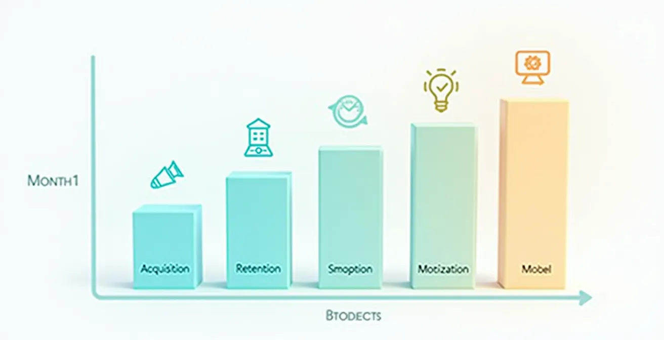 Illustration schématique d’une roadmap agile divisée par thèmes Acquisition, Rétention et Monétisation sur 6 mois avec symboles correspondants