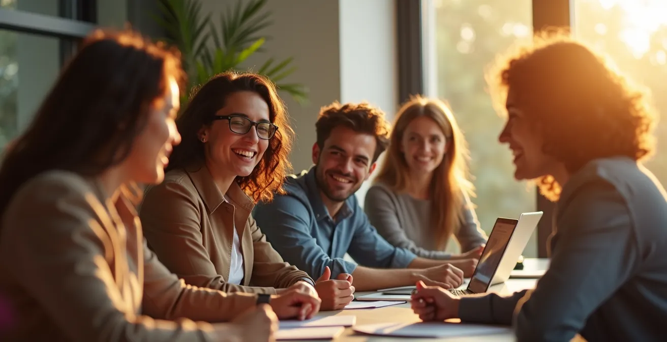 Image humaniste montrant une équipe enthousiaste et engagée collaborant efficacement dans un environnement lumineux et positif