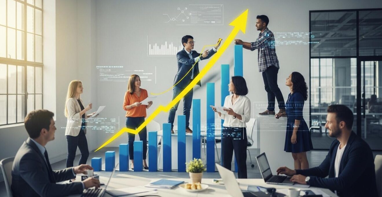 Image symbolisant une entreprise en pleine phase d'hypercroissance avec des graphiques de croissance et une équipe dynamique