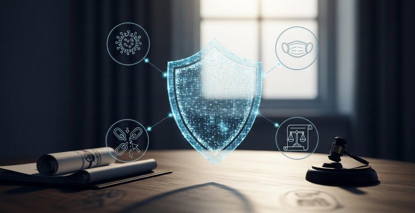 Une entreprise symbolisée par un bouclier numérique entourée d'éléments représentant des risques imprévus comme cyberattaques, pandémies et litiges juridiques.