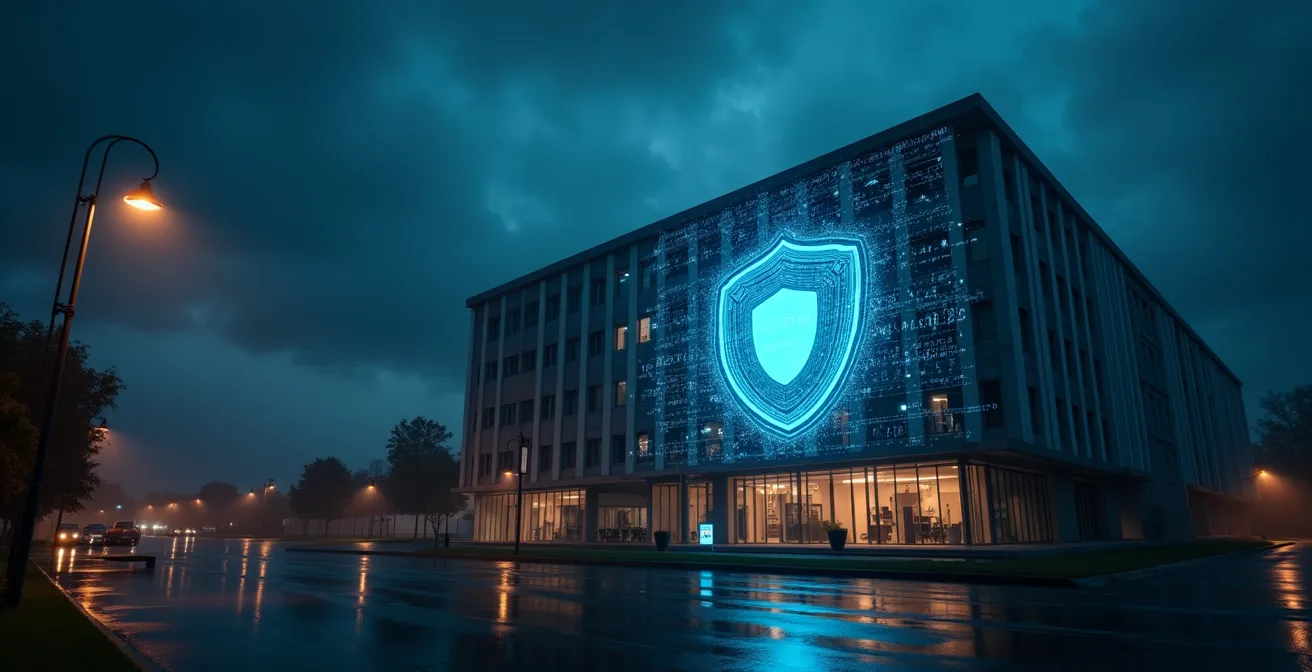 Illustration conceptuelle représentant la protection complète et renforcée d'une entreprise face aux imprévus