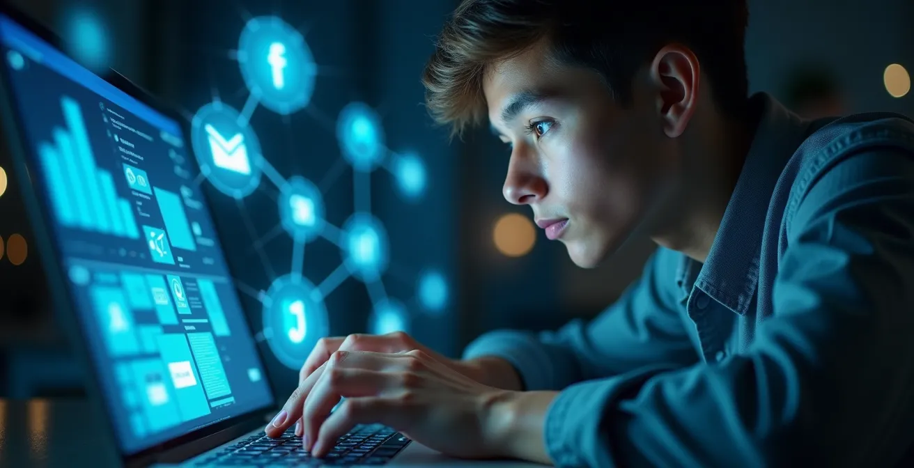 Professionnel utilisant LinkedIn sur son ordinateur portable, entouré d’icônes de réseau social et éléments de contenu digital