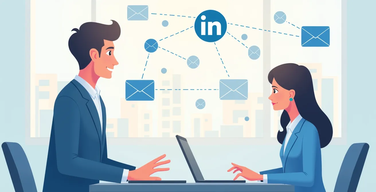 Visualisation symbolique d’une start-up focalisée sur un seul canal d’acquisition digital, avec des échanges LinkedIn et emails personnalisés.