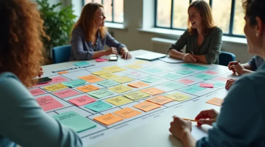 Illustration symbolique montrant une stratégie d'entreprise représentée sur une grande feuille avec des blocs du Business Model Canvas, entourée d'éléments clés comme clients, ressources, canaux et revenus.