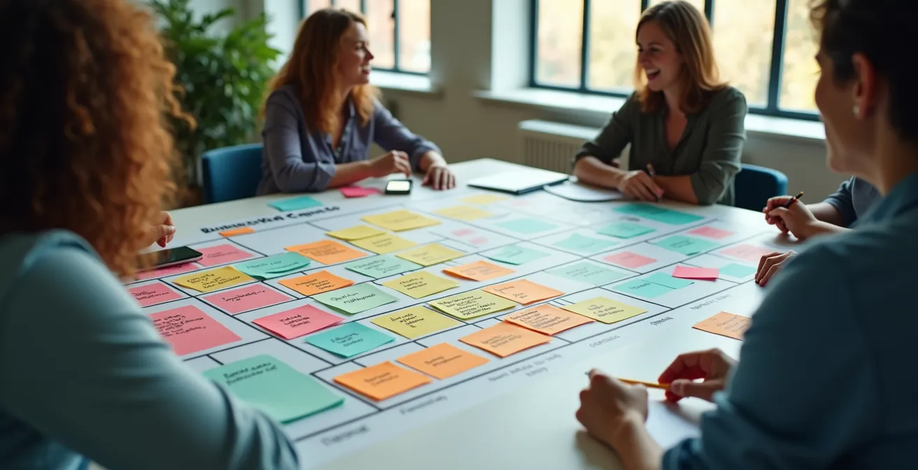 Illustration symbolique montrant une stratégie d'entreprise représentée sur une grande feuille avec des blocs du Business Model Canvas, entourée d'éléments clés comme clients, ressources, canaux et revenus.