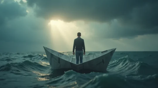 Image symbolique représentant un entrepreneur naviguant dans une mer agitée de bilans et de factures, illustrant la survie financière.