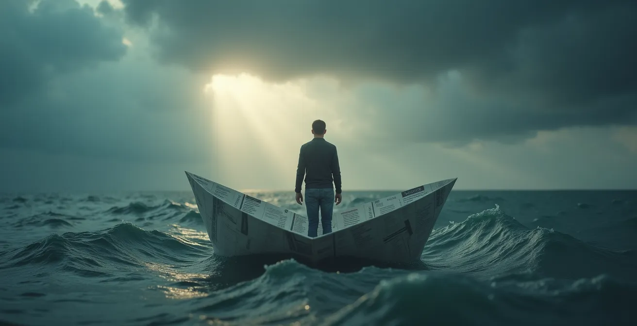 Image symbolique représentant un entrepreneur naviguant dans une mer agitée de bilans et de factures, illustrant la survie financière.