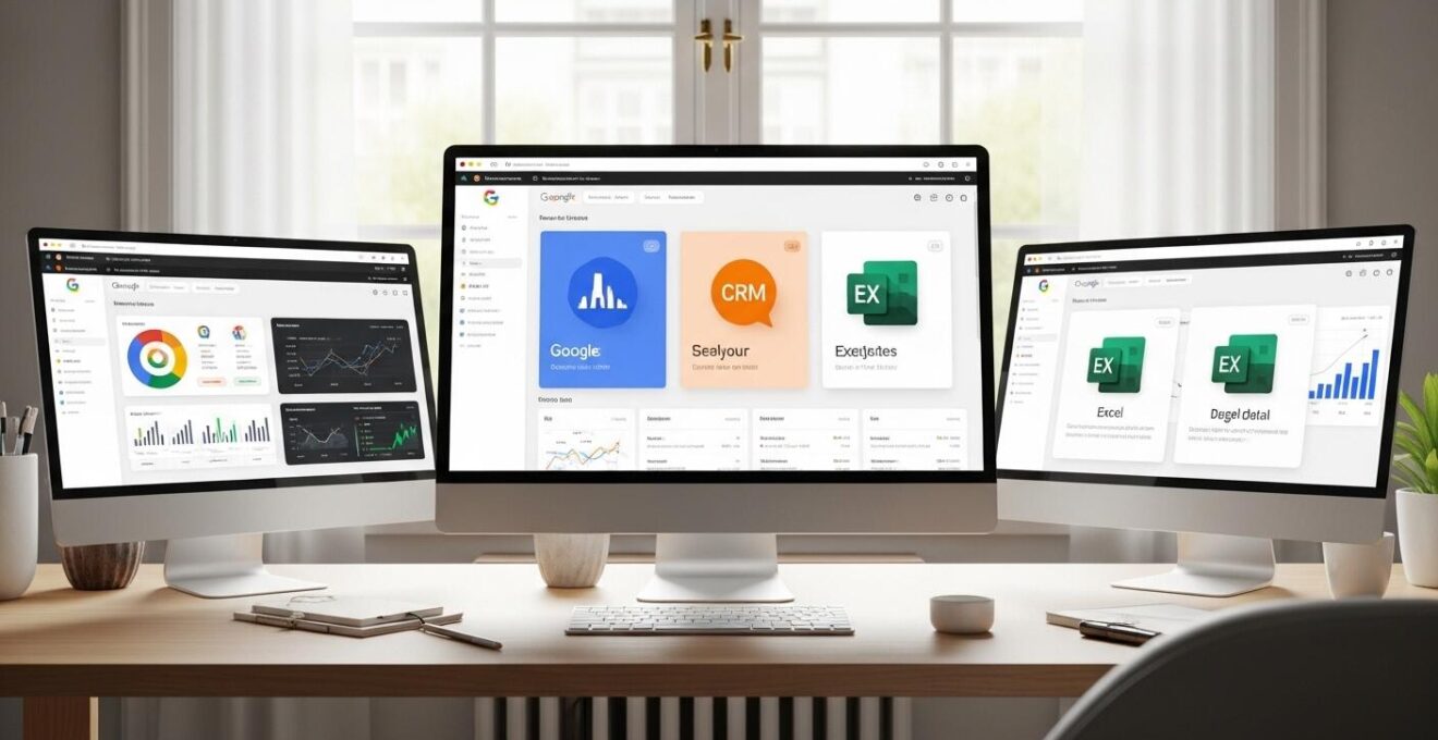 Illustration montrant un tableau de bord numérique affiché sur plusieurs écrans avec des icônes de Google Analytics, CRM et Excel intégrés