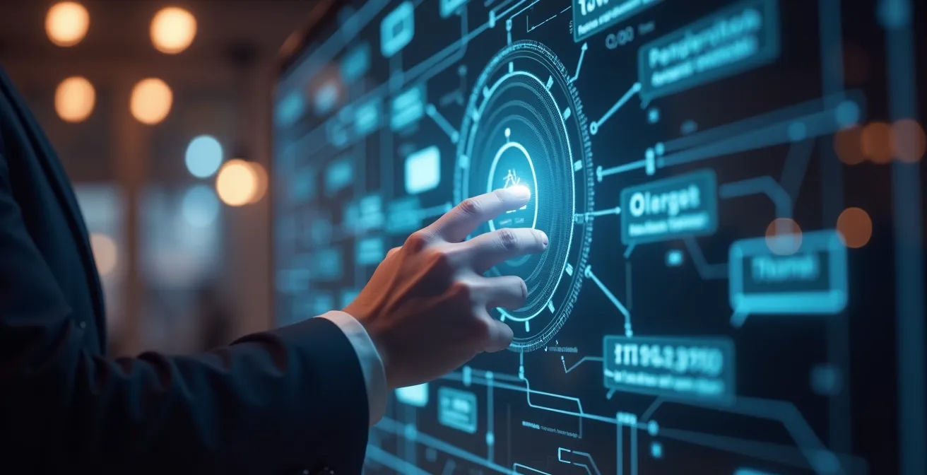 Scène illustrant un entrepreneur testant différentes propositions de valeur devant un groupe de clients via des interactions digitales et feedback en temps réel.