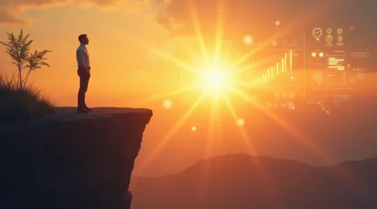 Image symbolique représentant la transformation d'une passion entrepreneuriale en résultats concrets avec une personne regardant un horizon lumineux rempli de graphiques de croissance et d'objectifs