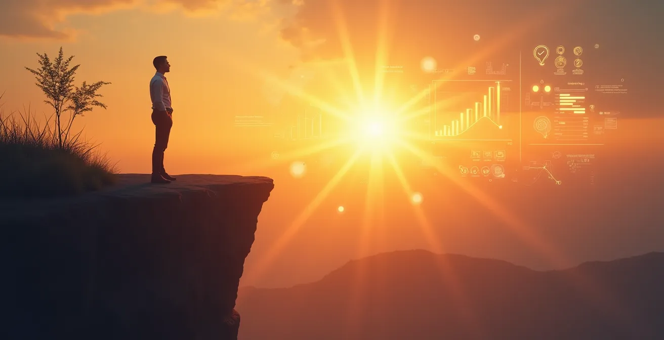 Image symbolique représentant la transformation d'une passion entrepreneuriale en résultats concrets avec une personne regardant un horizon lumineux rempli de graphiques de croissance et d'objectifs