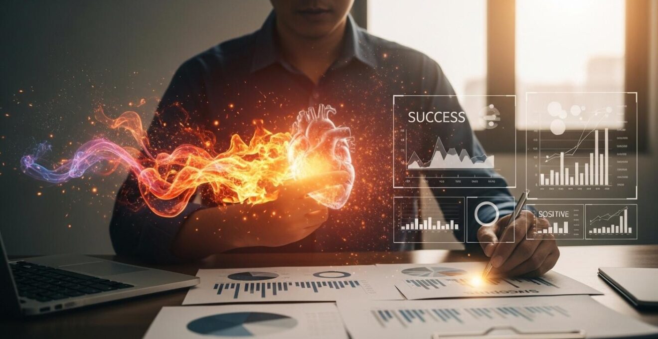 Illustration symbolique représentant un entrepreneur transformant sa passion en résultats concrets