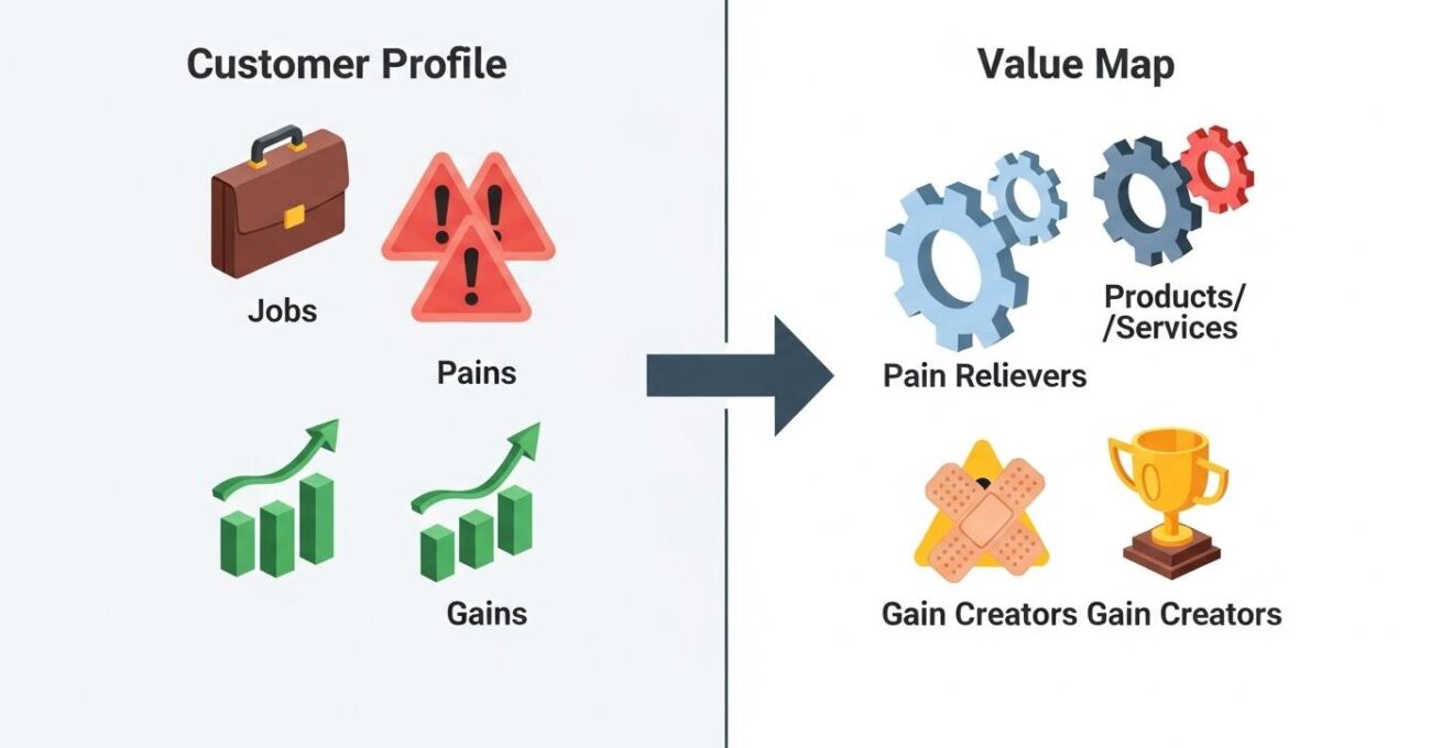 Représentation visuelle du Value Proposition Canvas montrant l'alignement entre le profil client (tâches, douleurs, gains) et la carte de proposition de valeur (produits, réducteurs de douleurs, créateurs de gains).