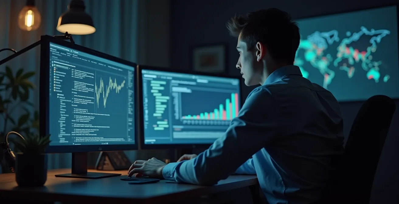 Personne analysant des annonces légales sur un ordinateur, symbolisant la veille concurrentielle et l'intelligence stratégique.