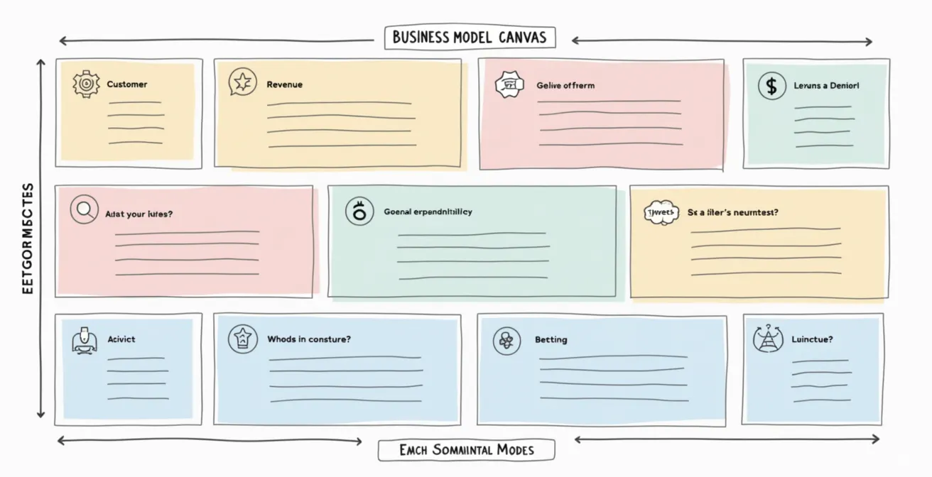Représentation graphique des 9 blocs du Business Model Canvas avec codes couleurs et exemples de questions pour chaque bloc.