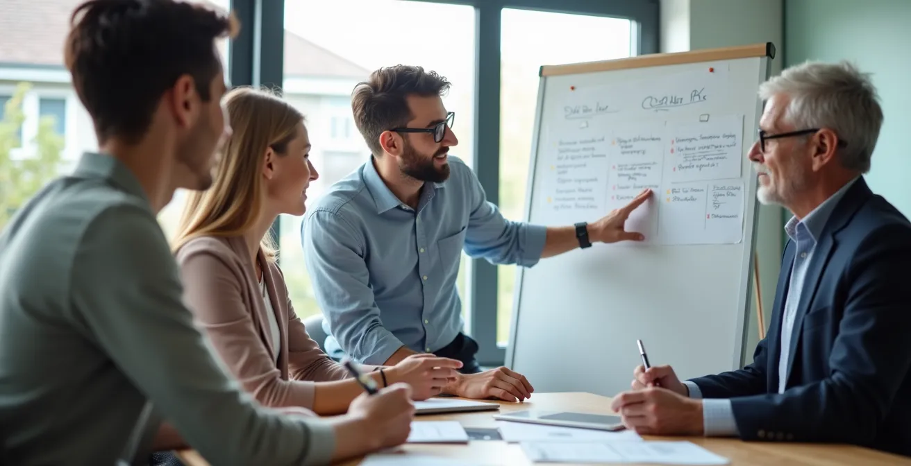 Trois professionnels à différents stades de carrière travaillant ensemble dans un espace moderne