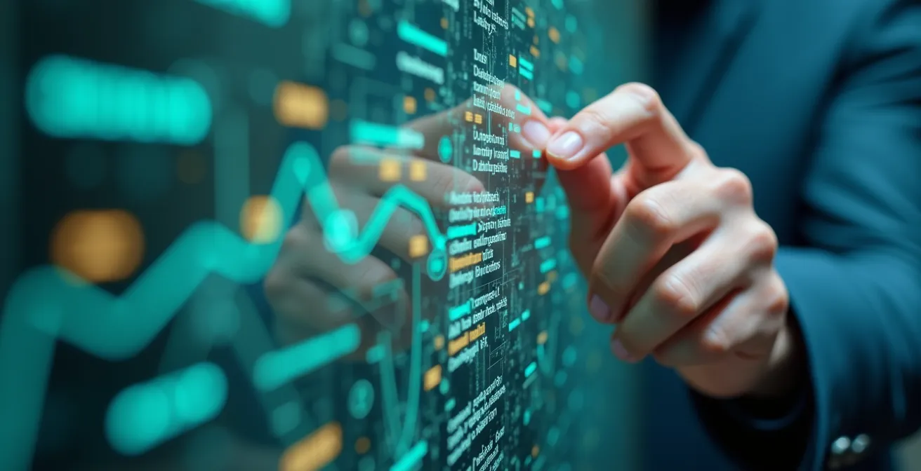 Vue macro de mains analysant des patterns de données sur une surface tactile transparente