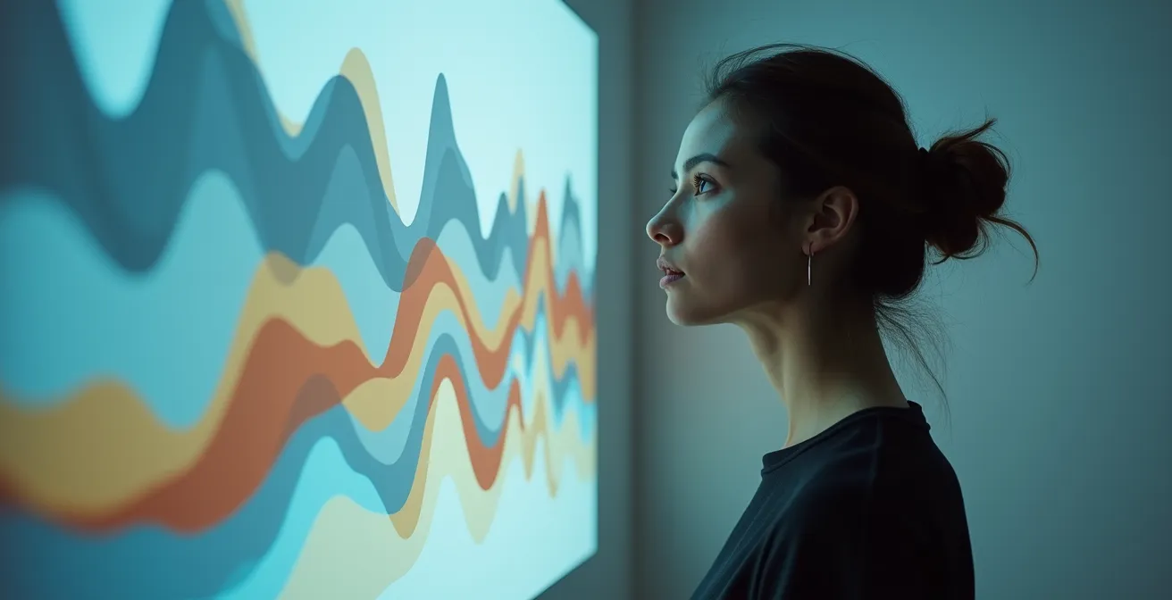 Personne observant des graphiques de tendances projetés sur un mur dans un espace minimaliste