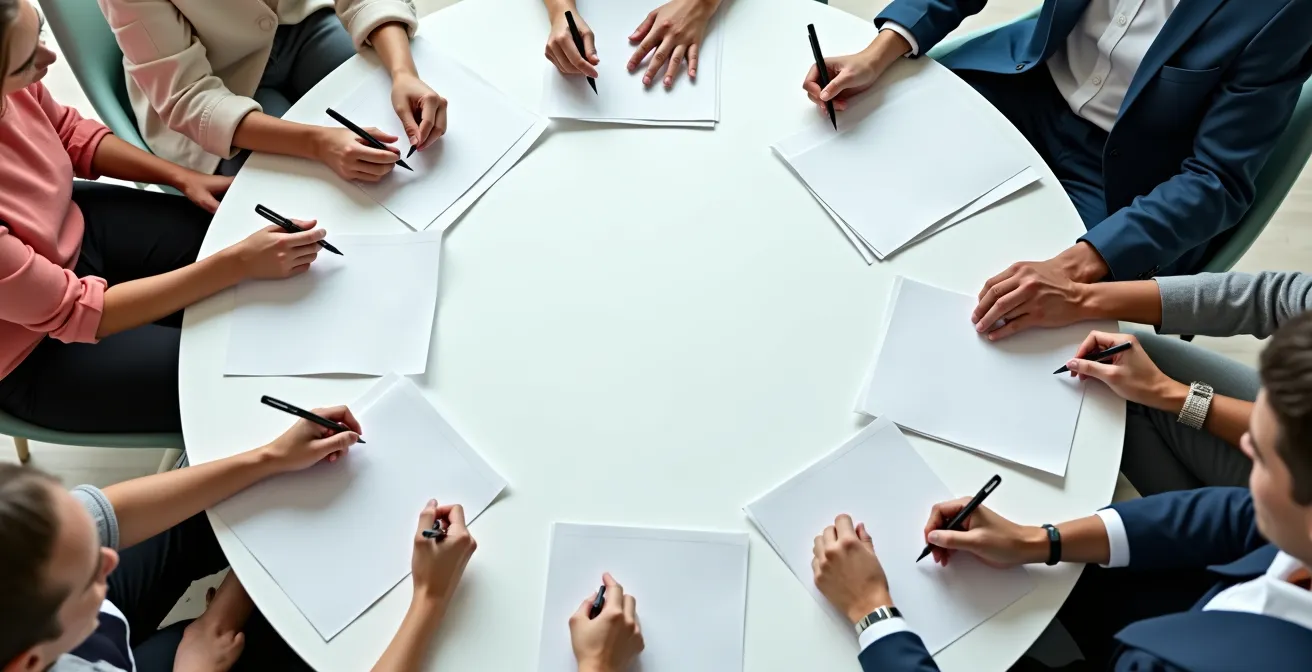 Vue aérienne d'une session de brainwriting avec six personnes écrivant sur des feuilles disposées en cercle