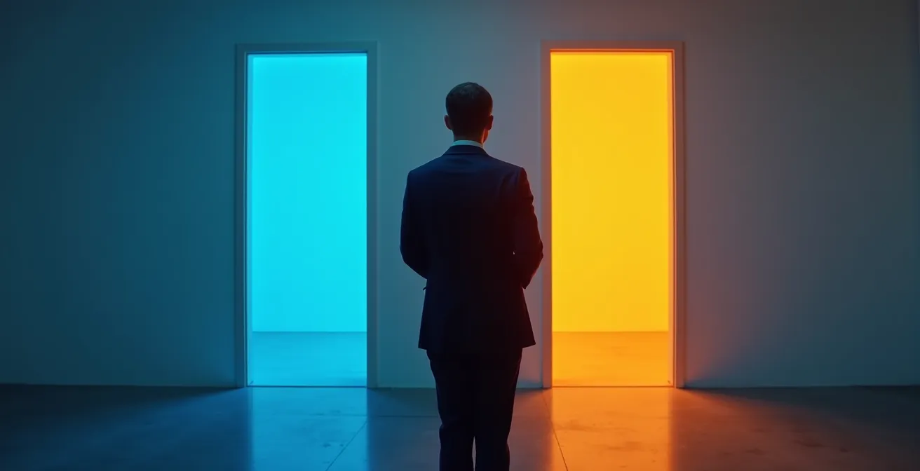 Personne vue de dos face à deux portes éclairées différemment symbolisant le choix entre évolution et reconversion