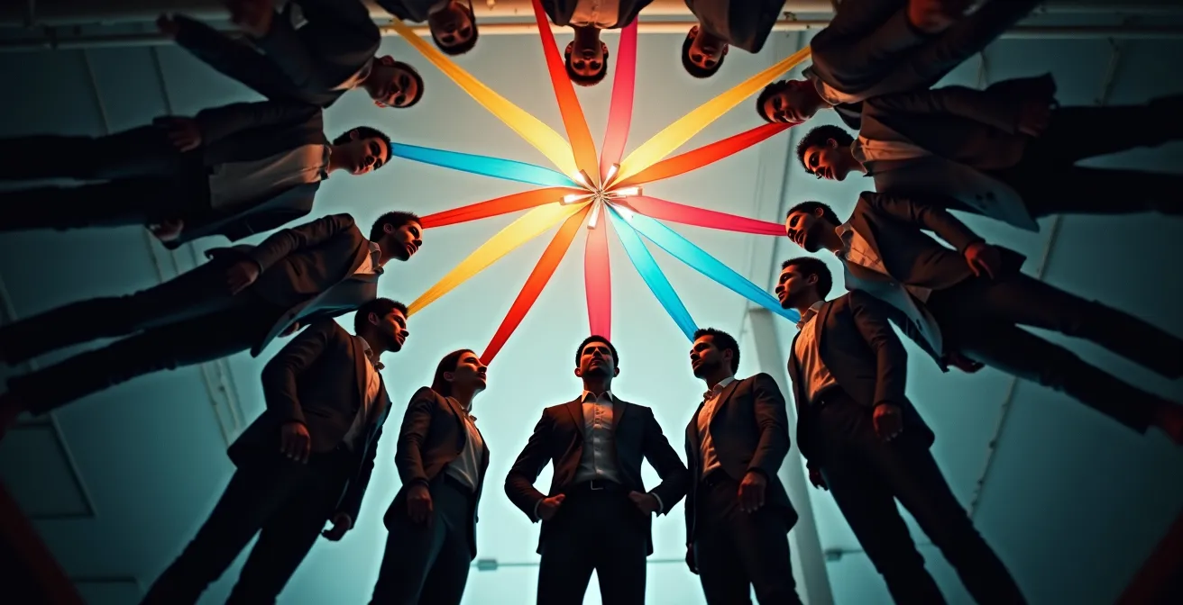 Groupe de salariés en cercle participatif prenant des décisions ensemble