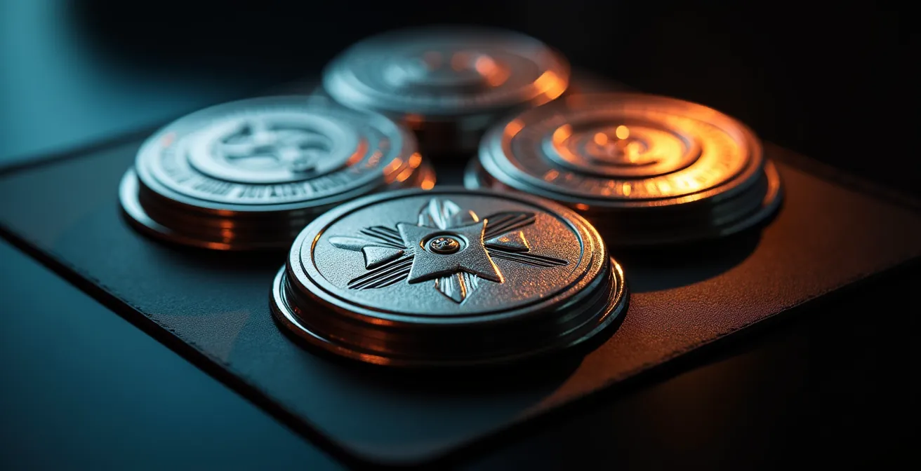 Gros plan sur cinq badges de certification professionnelle disposés en éventail sur une surface réfléchissante