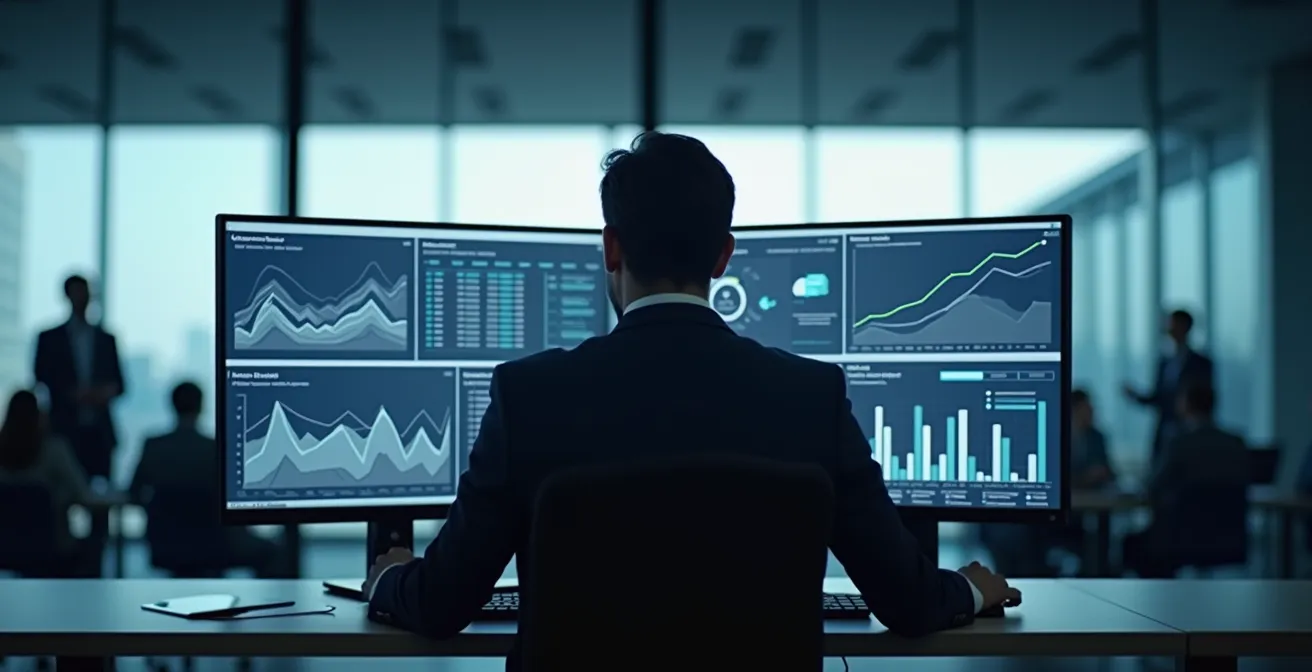 Un consultant analysant des graphiques complexes sur plusieurs écrans dans un environnement professionnel