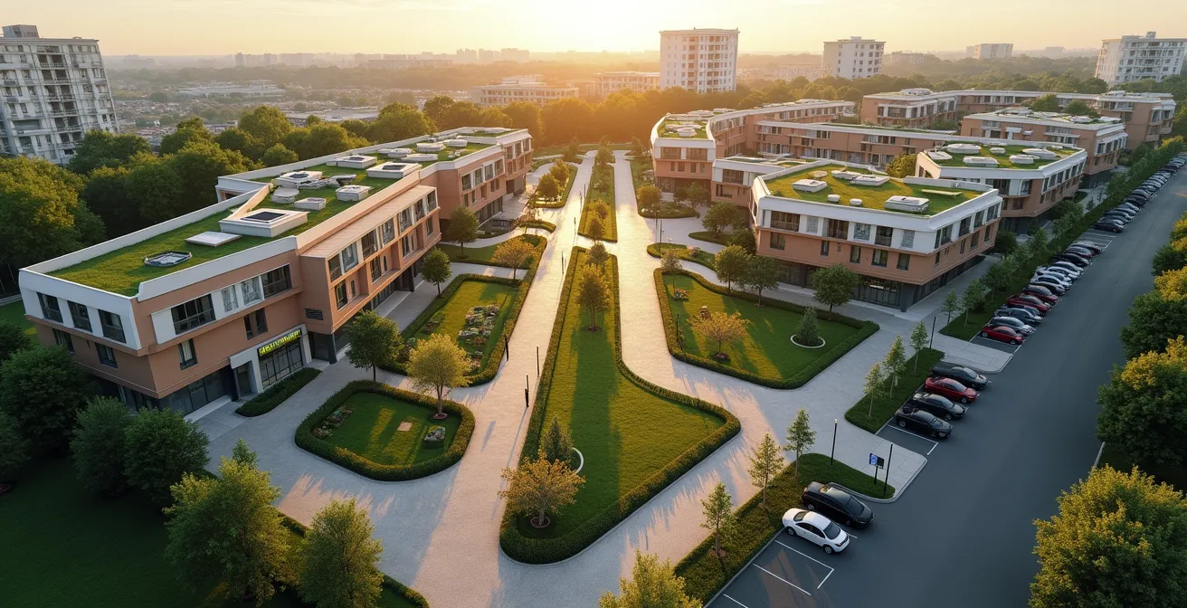 Vue aérienne d'un écosystème urbain adapté aux seniors montrant habitat, services et commerces interconnectés