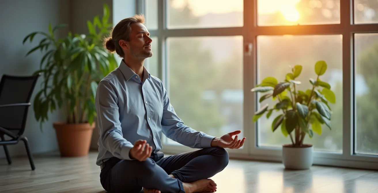 Un entrepreneur dans un espace de travail lumineux pratiquant une pause méditative