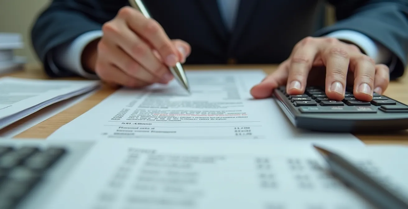 Vue macro de mains analysant des documents financiers avec calculatrice