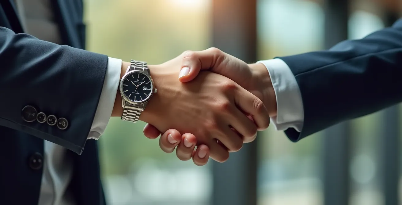 Poignée de main professionnelle symbolisant un accord de partenariat dans un environnement d'affaires moderne