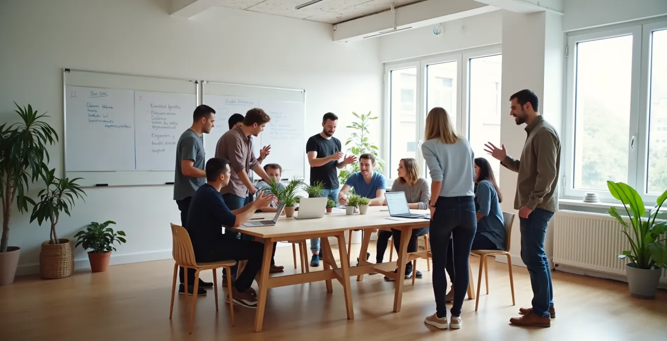 Équipe d'entrepreneurs en pleine session de travail collaboratif dans un espace minimaliste