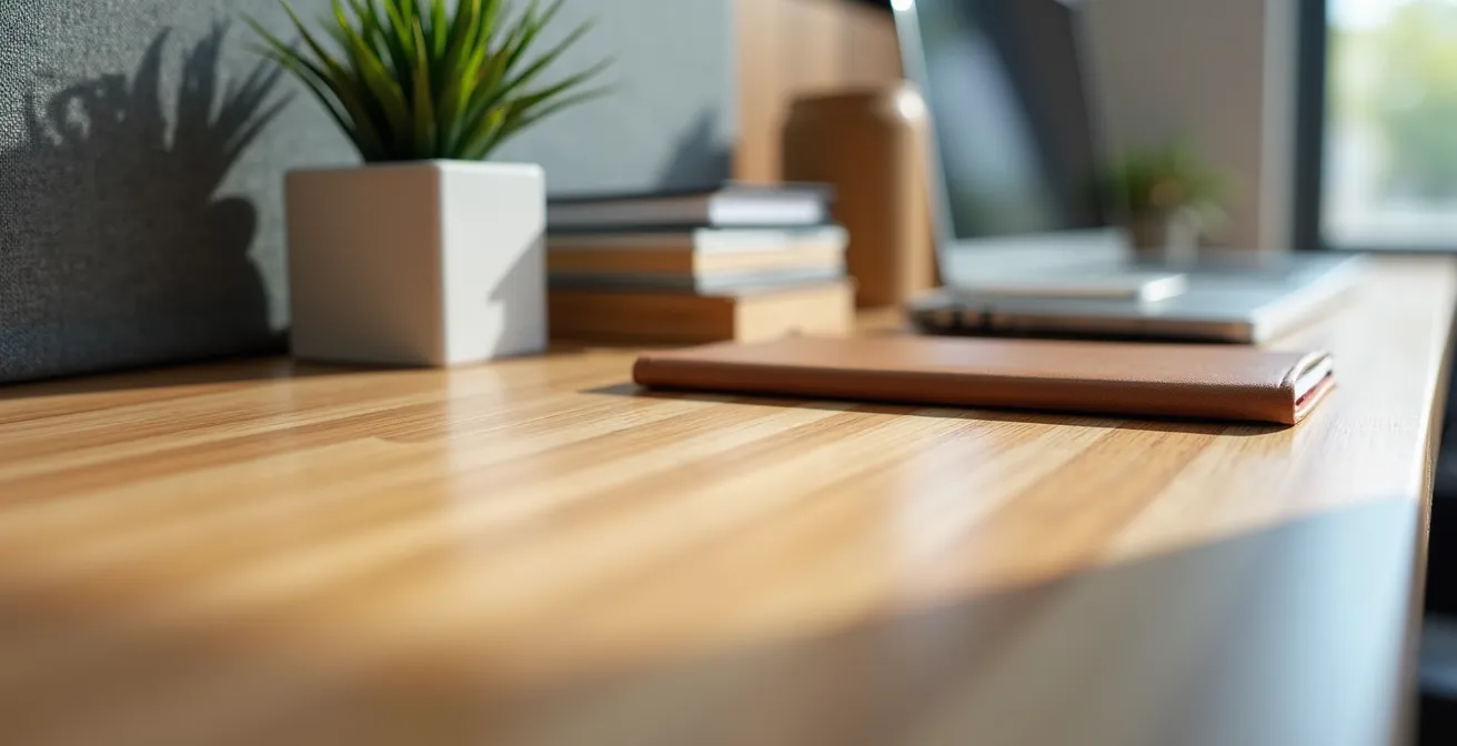 Vue macro détaillée d'un bureau partagé moderne montrant l'organisation flexible des espaces de travail